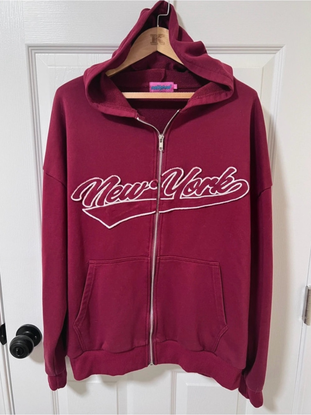 Edikted Maroon Oversized Zip-Up Hoodie with 'New York' Script